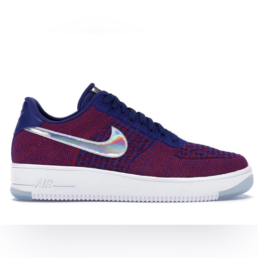 Nike Air Force 1 Flyknit Low — Purple blue & Red with Iridescent Swoosh 🌈
